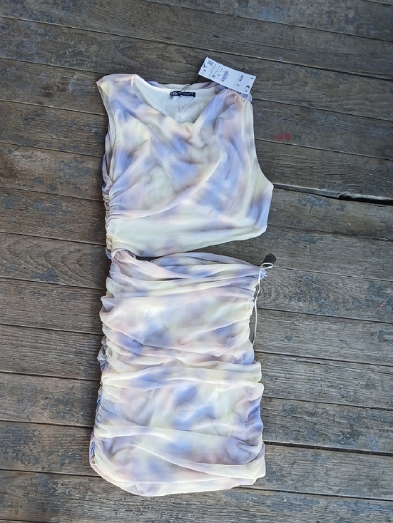 Zara Dresses & Skirts - Zara Pastel Tie-Dye Ruched Crop Top & Skirt Set